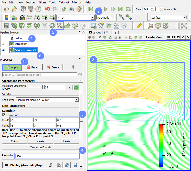 Wing 18 PV Streamlines settings